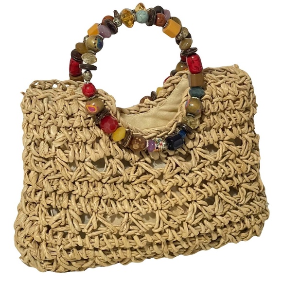 Cappelli Straworld Handbags - Cappelli Straworld Purse Handbag Round Beaded Jewel Handles Beige/Gold Lined
